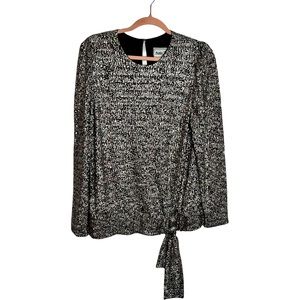 Vintage floral silver black puff sleeve top 80’s